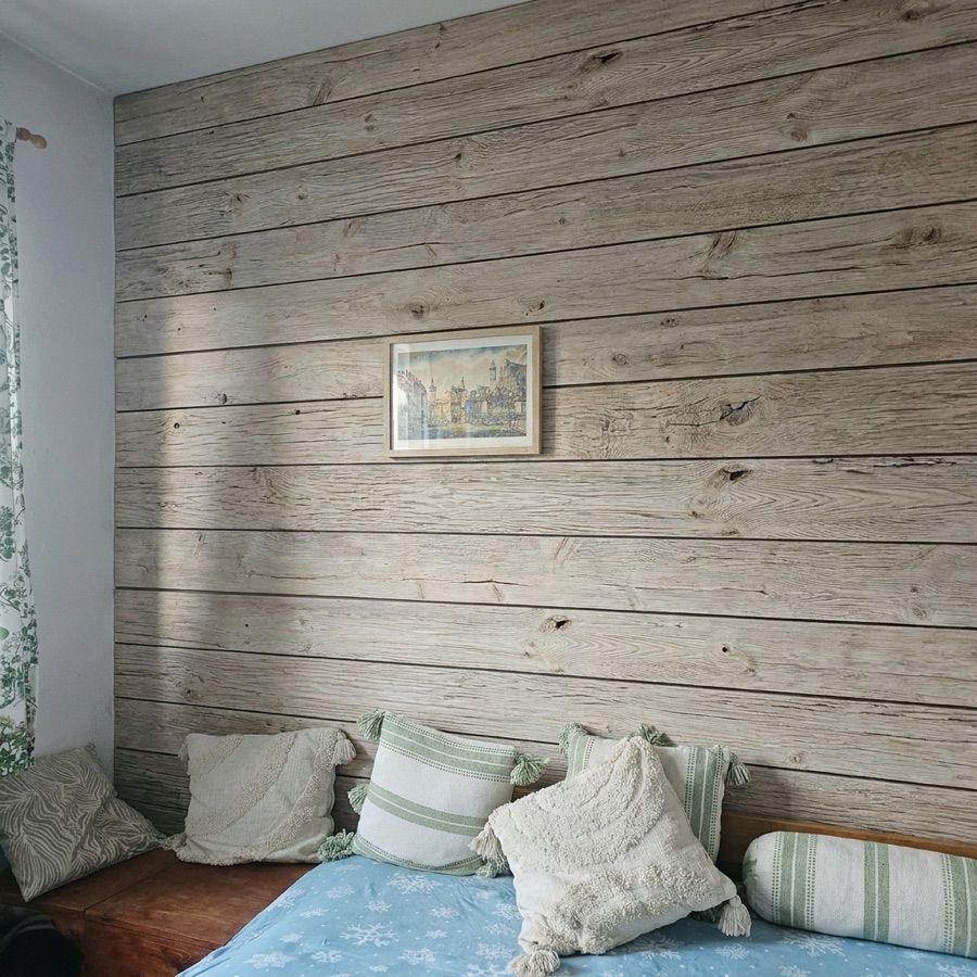 Pokój dziecięcy z deskami na ścianie — dekor White Old Wood, wizualizacja A8P
