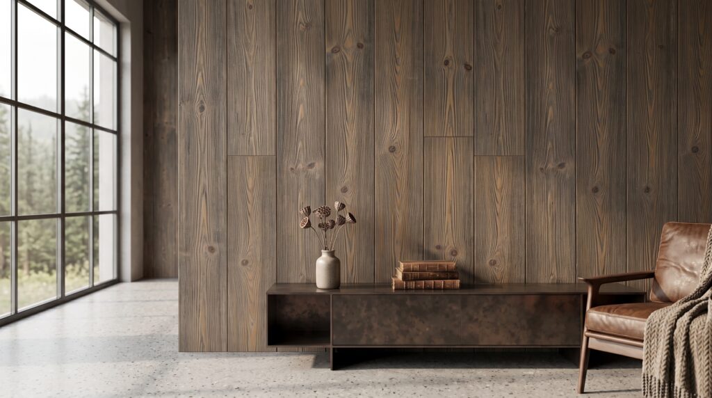 Sufit z belkami korytkowymi i deskami Light Smoke Old Wood w aranżacji wnętrza