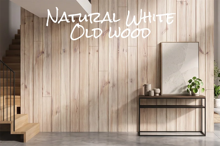 Jasna ściana ze starego drewna natural white przy schodach, konsola z rośliną i oparta grafika, z podpisem dekoru