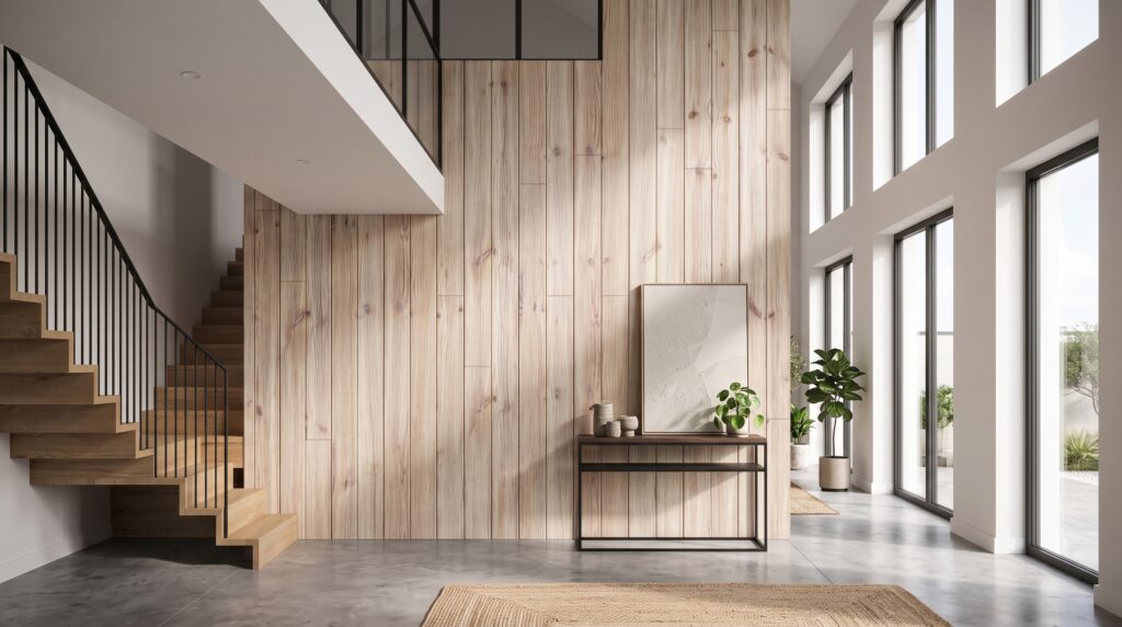 Sufit z belkami korytkowymi i deskami Natural White Old Wood w aranżacji wnętrza