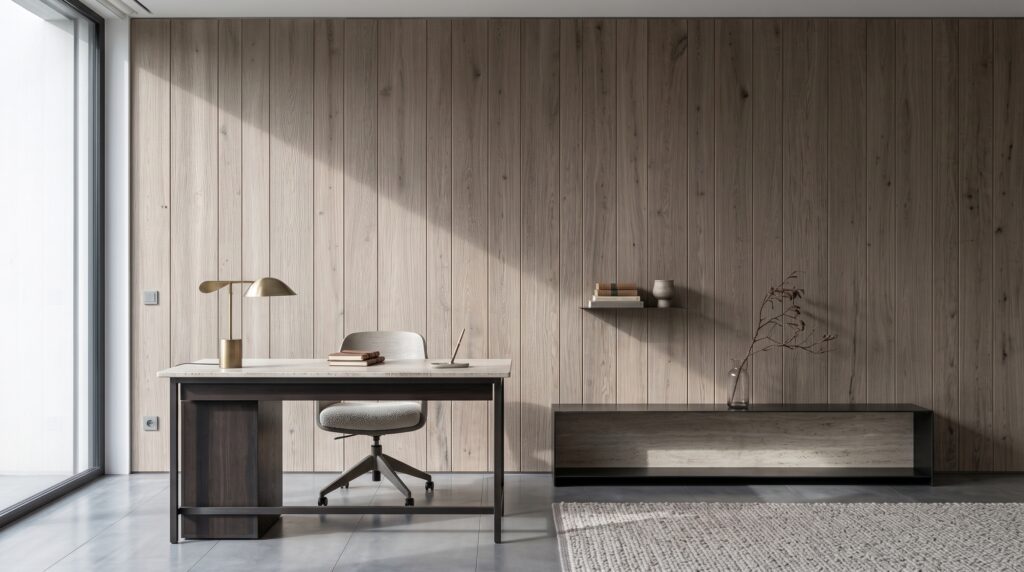 Sufit z belkami korytkowymi i deskami Pearl White Oak w aranżacji wnętrza