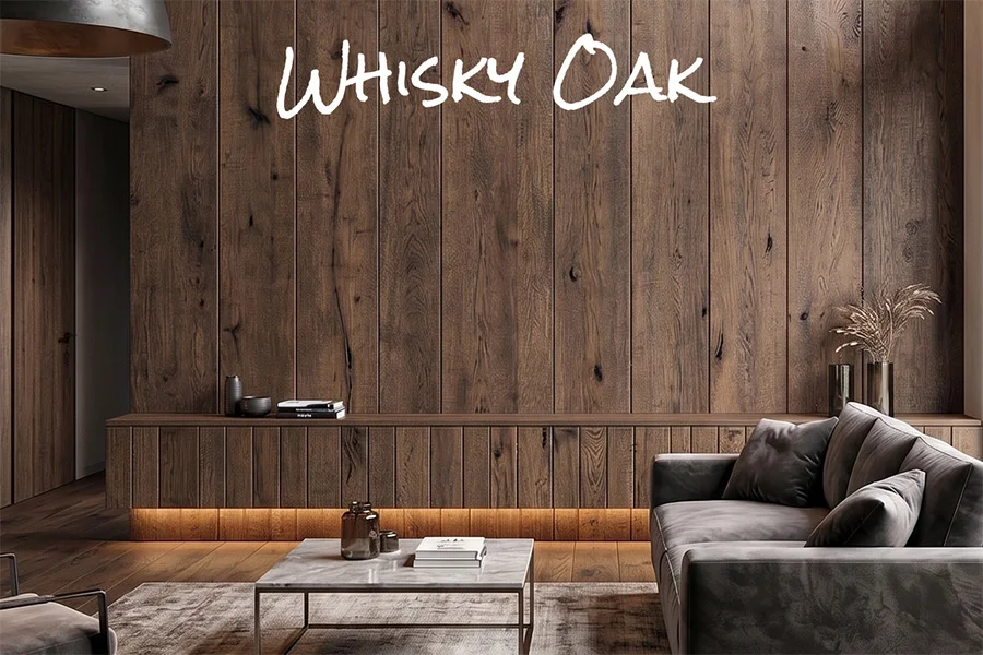 Ściana z desek dębowych whisky z podświetleniem LED, szara sofa i szklany stolik, z nazwą dekoru na zdjęciu