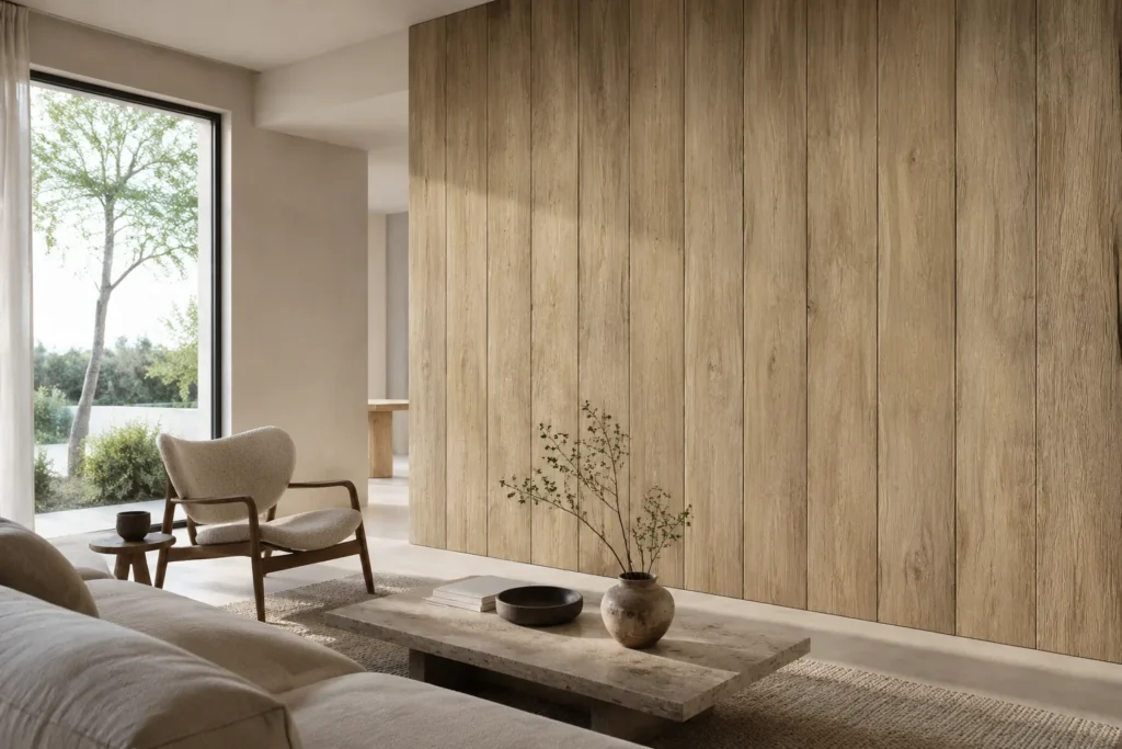 Sufit z belkami korytkowymi i deskami Natural Oak w aranżacji wnętrza
