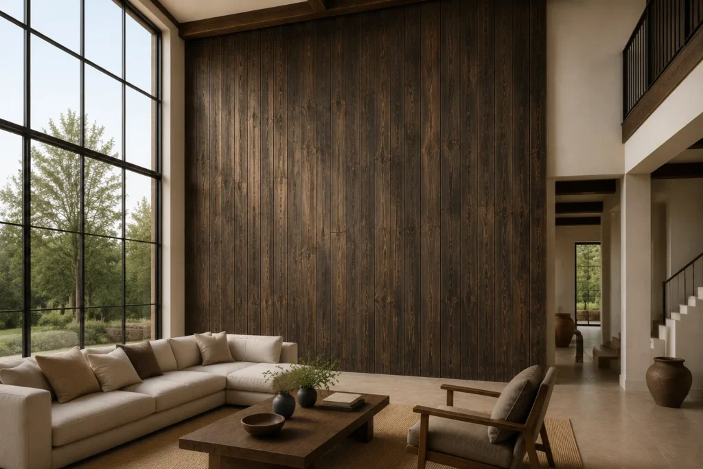Sufit z belkami korytkowymi i deskami Dark Smoke Old Wood w aranżacji wnętrza
