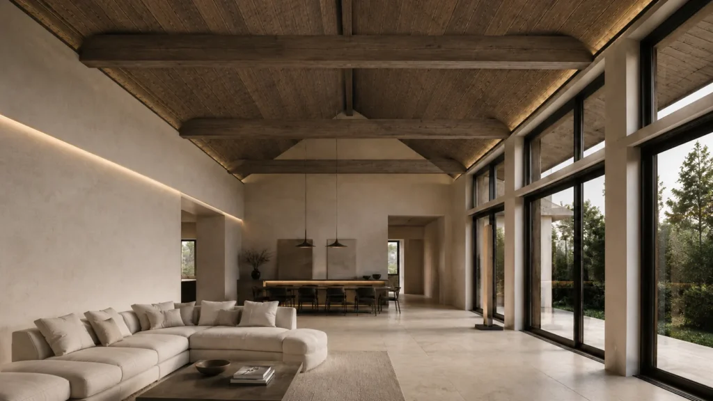 Sufit z belkami korytkowymi i deskami Chocolate Grey Oak w aranżacji wnętrza
