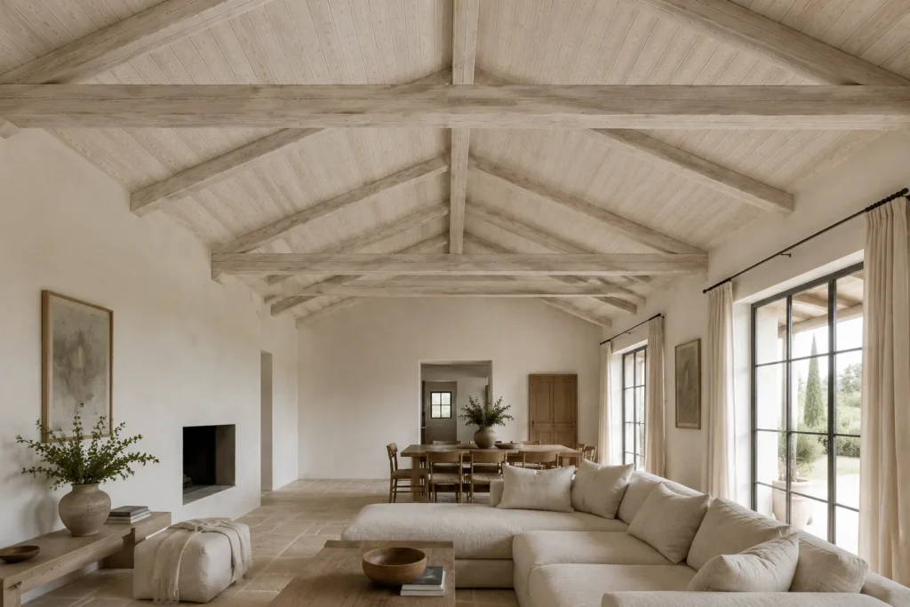 Sufit z belkami korytkowymi i deskami White Old Wood w aranżacji wnętrza