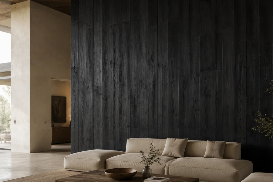 Deska ścienna Black Like Old Wood, postarzana sosna o wyglądzie starego drewna, czarna ściana za modułową sofą, jasne tynki i suche gałązki w wazonie, z nazwą dekoru na zdjęciu
