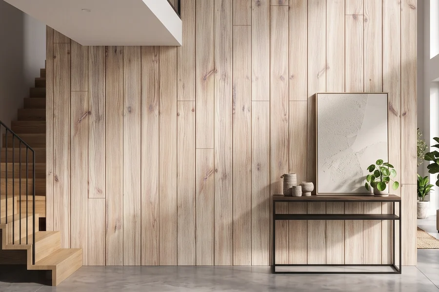 Deska ścienna Natural White Like Old Wood, postarzana sosna o wyglądzie starego drewna, jasna ściana przy schodach, konsola z rośliną i oparta grafika, z podpisem dekoru