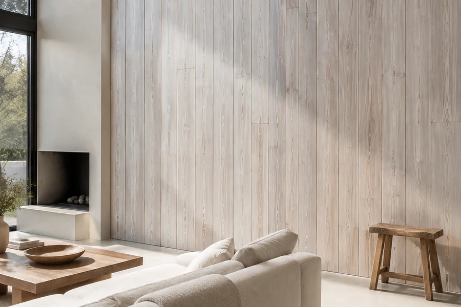 Deska ścienna White Like Old Wood, postarzana sosna o wyglądzie starego drewna, bielona ściana w słonecznym salonie z kominkiem i niską ławą, z nazwą wykończenia na kadrze